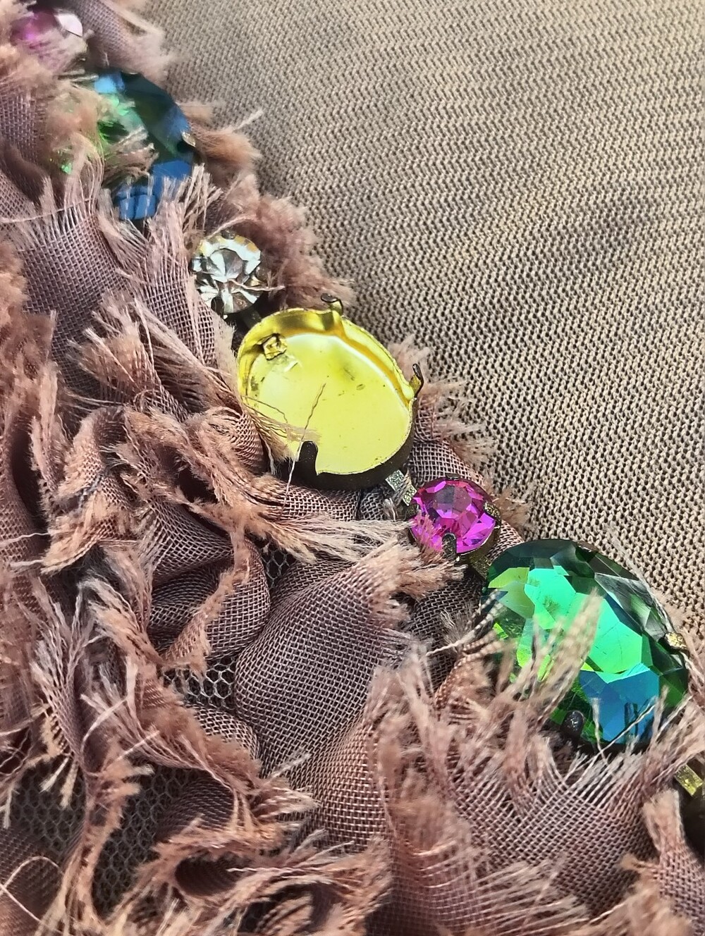 Brown Textured Cropped Jacket With Multi Color Rhinestones - Picture 7 of 11